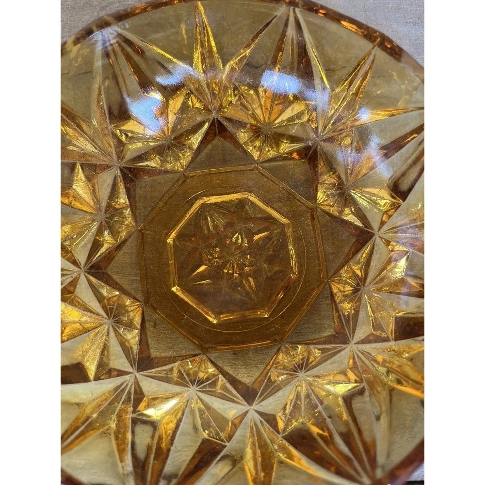 Vintage Amber  Round Cut Glass Candy, Nut Dish  1970s Trinket Dish Candy‎ Dish